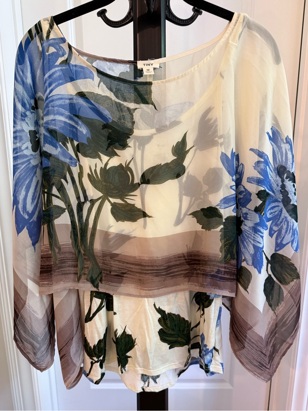 Anthropologie Tiny Blue Floral Chiffon Overlay Blouse Size Medium